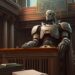 A robot sitting in the judge's bench in court.